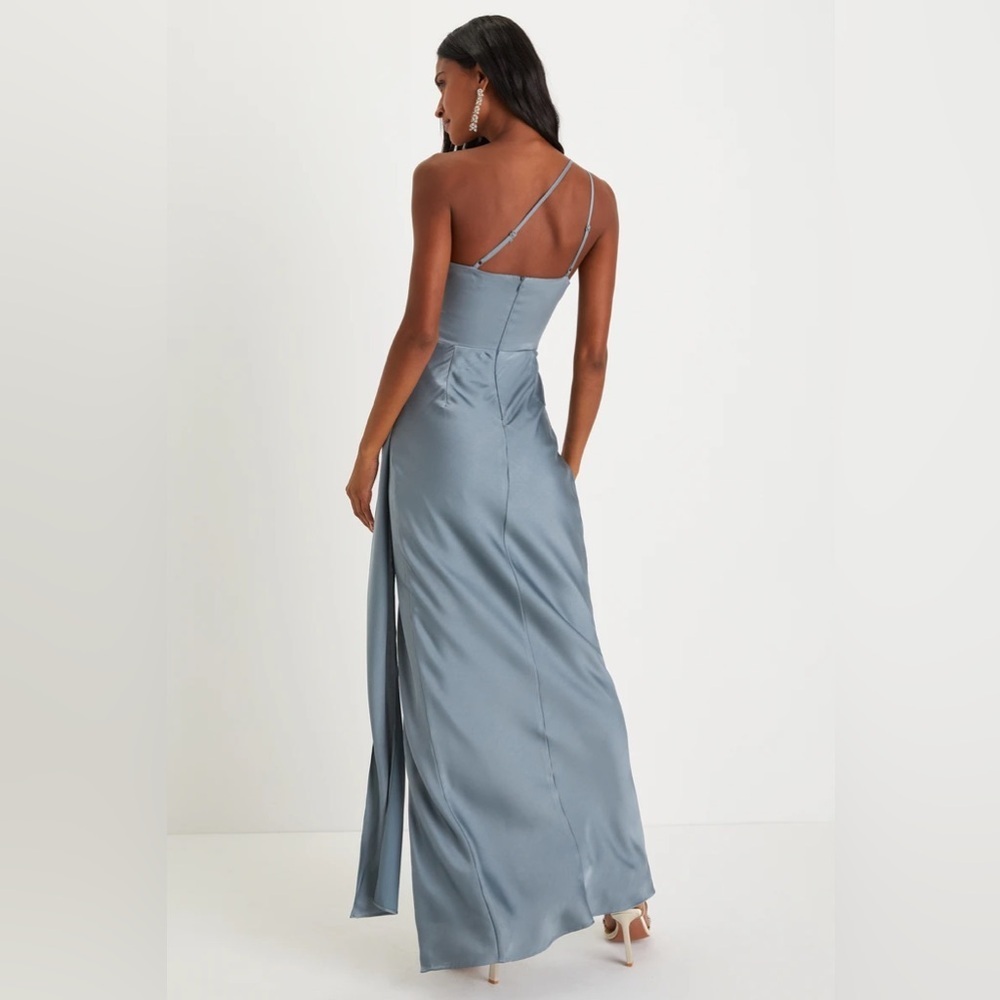 Lulus Signature Elegance Slate Blue Satin One-Shoulder Maxi Dress - Picture 2 of 8